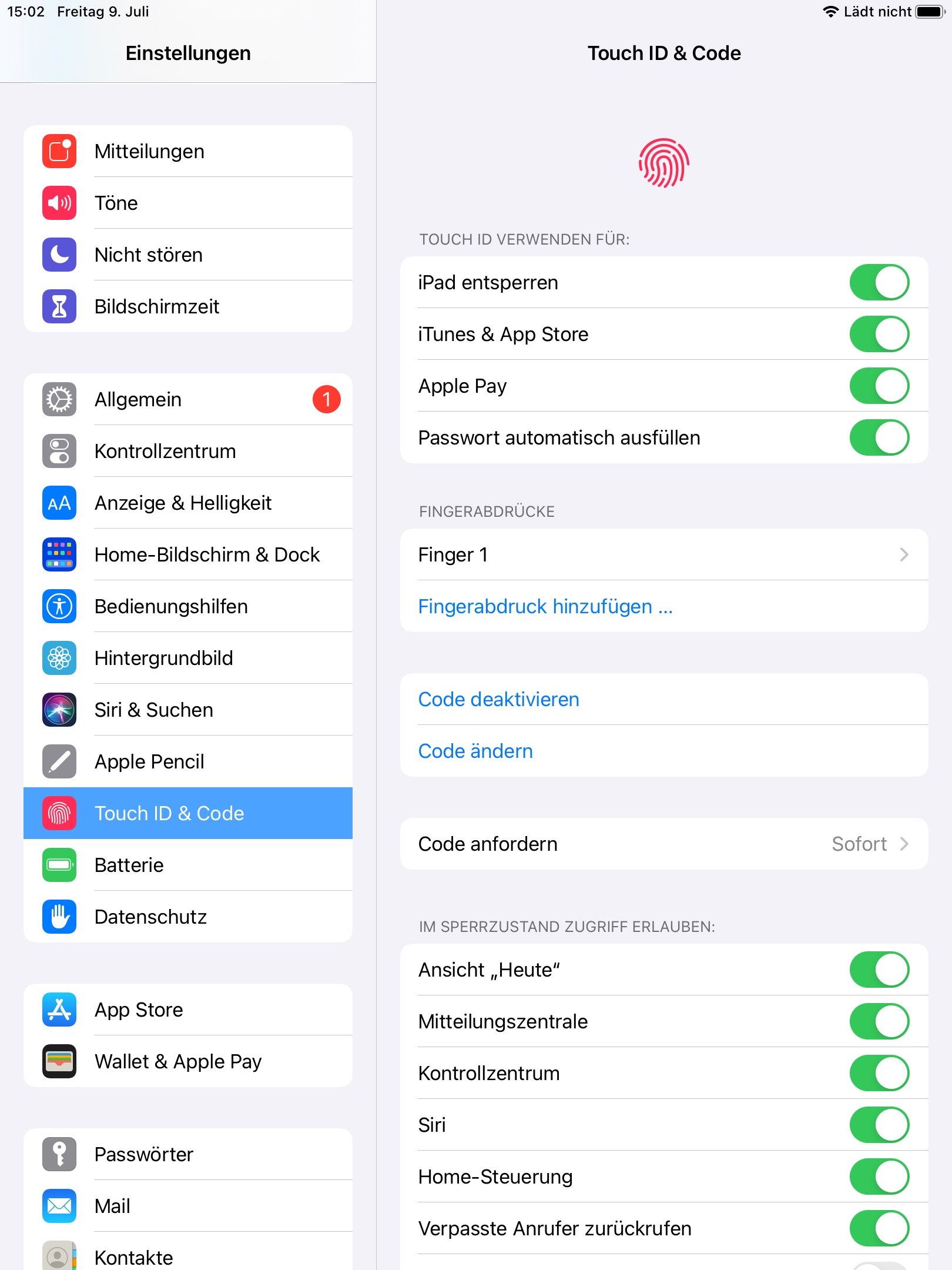 Einstellungen/Touch ID